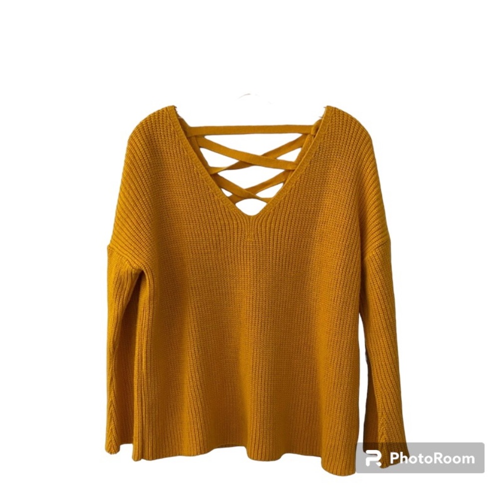 Topshop Cable Knit V-Neck Yellow Lace Up Back Sweater With Bell Sleeves …